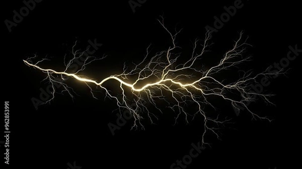 Fototapeta Intense lightning bolt with detailed branches isolated on a black background, showcasing the dramatic impact and force of electrical storms. -