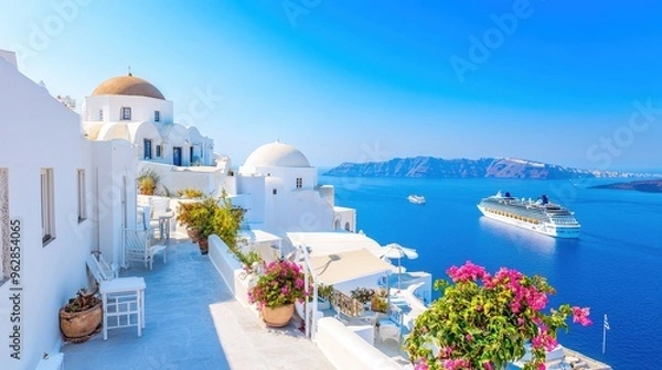 Obraz Serene Santorini Seascape: White Buildings and Cruise Ships on the Horizon