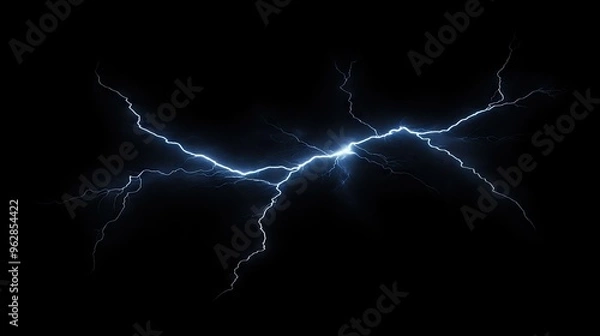 Fototapeta Lightning bolt with detailed branching isolated on a dark background, highlighting the intense and electrifying effect of natural lightning strikes.