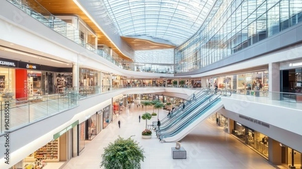 Fototapeta Modern shopping mall with a large atrium, glass ceiling, and open walkways.