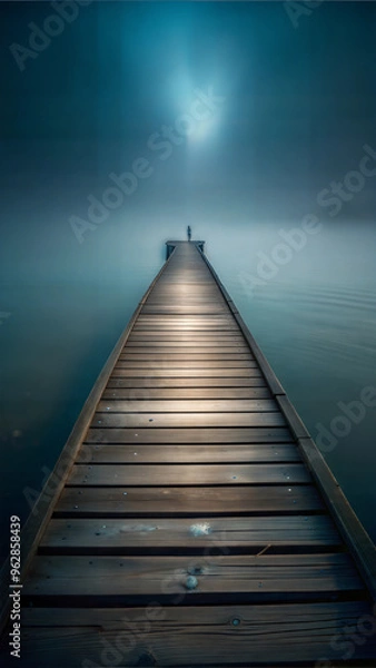 Fototapeta  Bridge Over River Fading into the Distance with Silhouette of a Person at the End, Looking Into the Twilight