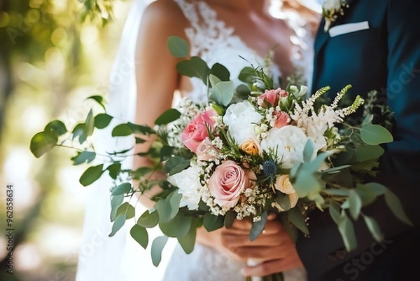 Obraz Bride and groom holding pink and white wedding bouquet