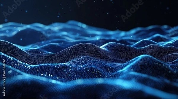 Fototapeta Undulating lines of blue particles across a dark canvas, forming a futuristic 3D landscape that highlights modern communication technology. -