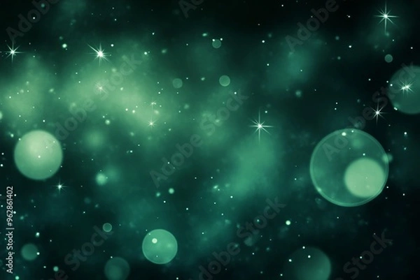 Obraz Dark green abstract background with a bokeh circle and shiny stars. New year, birthday, holidays celebration.