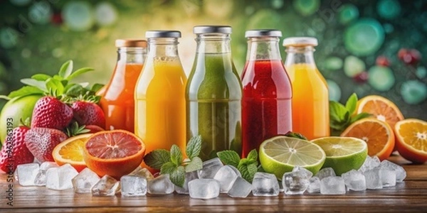 Fototapeta Bottles of refreshing fruit juice with ice cubes on a table with various fresh fruits in the background, juice, drink, beverage