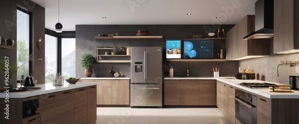 Fototapeta  concept of the Internet of Things with an image of a smart home, featuring various connected devices and appliances, shot from a low angle with a wide-angle lens