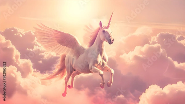 Fototapeta Unicorn flies against the background of pink clouds, generation ai