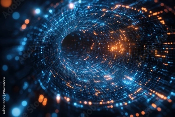 Obraz A swirling vortex of data and light, symbolizing the constant flow and processing of information by AI systems