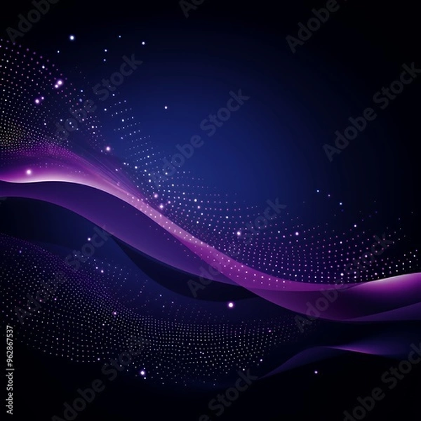 Fototapeta Abstract purple and blue background with glowing dots and waves.