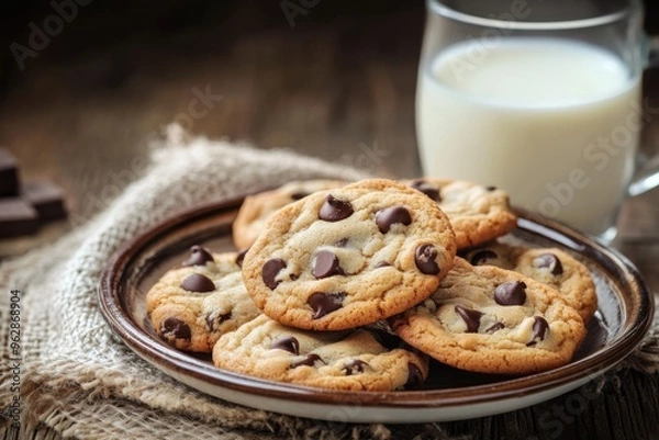 Fototapeta A plate of freshly baked homemade cookies, golden brown with melted chocolate chips, sitting on a rustic wooden table with a glass of milk beside them-gigapixel