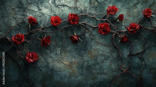 Fototapeta A vine of blood red roses with sharp thorns and curly branches, symbolizing love and pain.