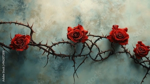 Fototapeta A vine of blood red roses with sharp thorns and curly branches, symbolizing love and pain.
