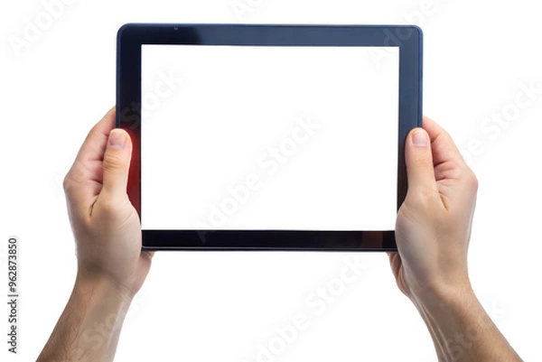 Fototapeta hands holding black digital tablet Mockup with white screen cut out. isolated on transparent background. Copy space.