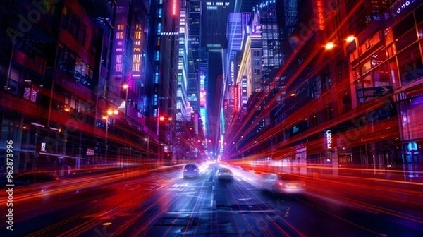 Fototapeta Vibrant Cityscape with Neon Lights and Traffic