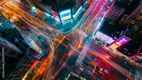 Obraz Aerial View of Cityscape at Night with Traffic Lights