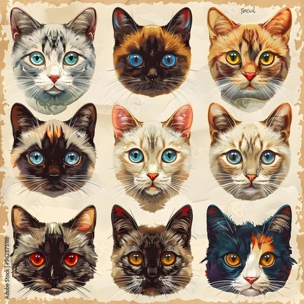 Fototapeta Fluffy kittens, a white one with black eyes and two others, play together on a white background