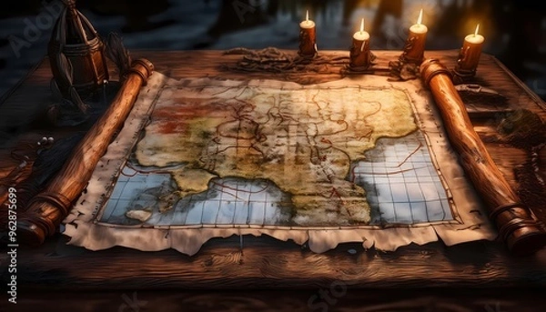 Fototapeta A tattered map showing the location of a haunted treasure, pinned to a wooden board