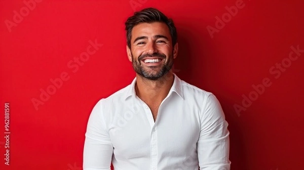 Obraz Adult man wearing white shirt standing and smiling friendly looking at camera on red background
