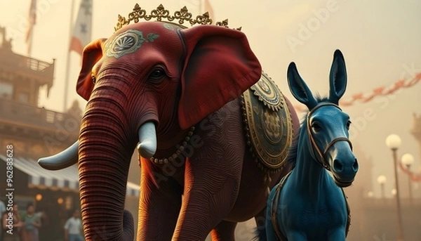 Obraz Majestic Elephant and Colorful Donkey at a Festival