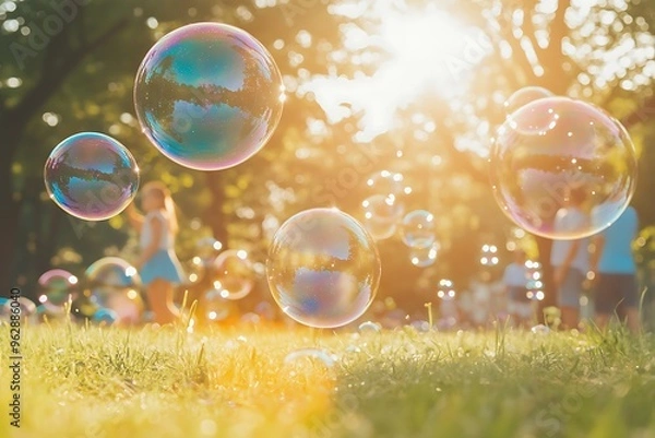 Obraz Soap bubbles floating over green grass in summer park with children playing
