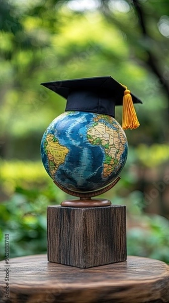 Fototapeta Earth globe and graduation cap on wooden block with blur background