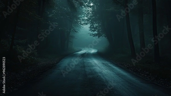 Fototapeta Empty asphalt road in a dark forest with fog