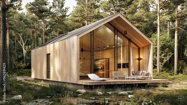 Obraz modern large tiny house with light wood in the forest