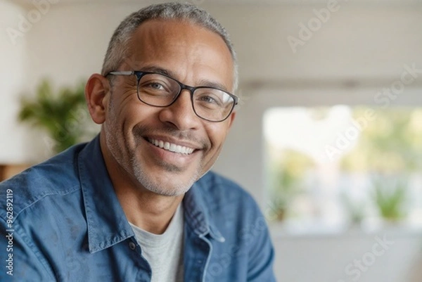 Obraz Face of cheerful Afro mature man wearing glasses and a blue shirt is smiling on a blurred background living room with copy space. He is looking at the camera and he is happy
