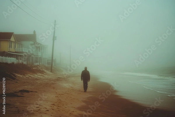 Obraz A sad man walking on the beach, foggy weather with beautiful look. Created with Ai