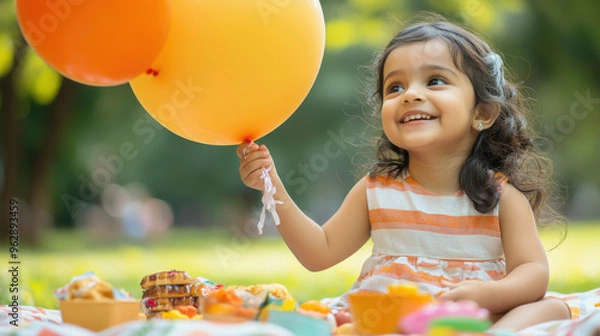 Fototapeta a delightful scene of a little indian girl enjoying a picnic in a park, holding onto her balloon.