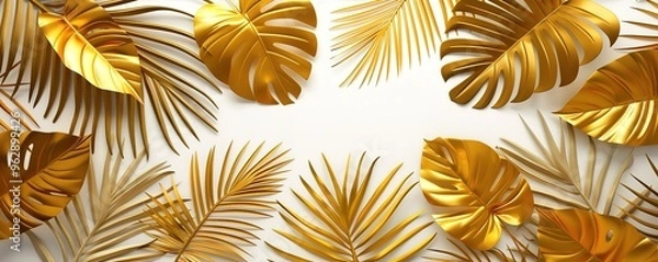 Fototapeta Golden tropical leaves on white background.  Minimalist, elegant, and luxurious design.  Perfect for summer and tropical themes.
