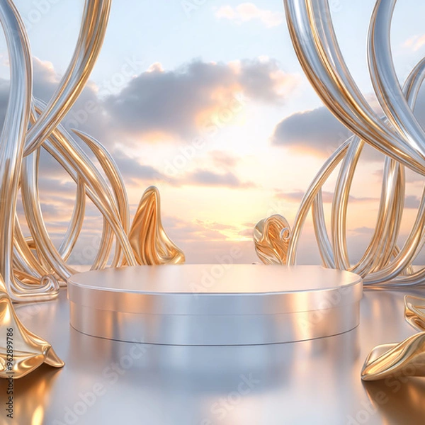 Obraz Empty round metallic podium surrounded by gold and silver abstract shapes against sunset sky with clouds. Product display background with copy space 