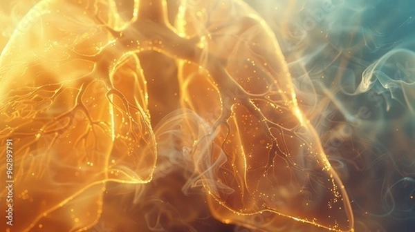 Fototapeta In a dreamlike scene, golden lungs glow under warm light while smoke swirls delicately around.