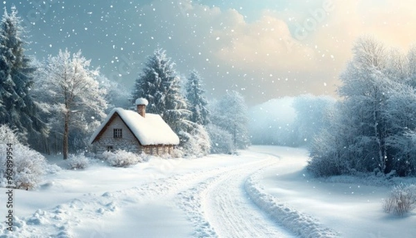 Obraz Snowy Forest Path with Cabin