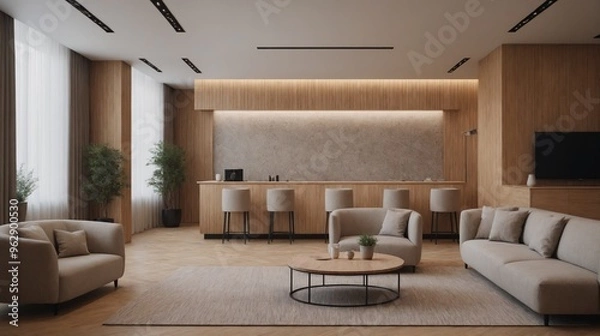 Fototapeta An empty reception and waiting area interior design illustration template, An empty hotel area interior mockup design.