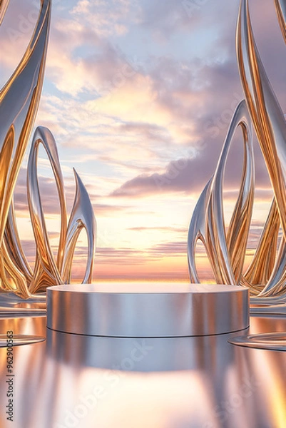 Obraz Empty round metallic podium surrounded by gold and silver abstract shapes against sunset sky with clouds. Product display background with copy space 