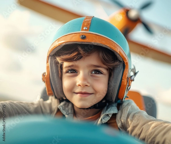 Fototapeta A cute little indian boy wearing an airplane pilot helmet is sitting in the cockpit