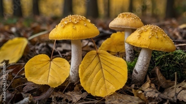 Obraz Yellow autumn leaves with mushroom