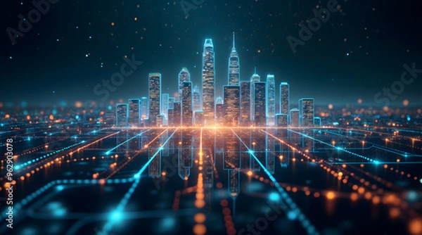 Fototapeta Futuristic smart cityscape with illuminated digital grid at night