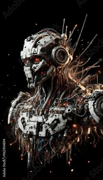 Fototapeta a broken robot with exposed wires and sparks