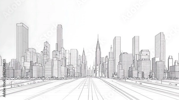 Fototapeta A cityscape architecture line drawing captures the essence of urban design with clean, precise sketch lines, highlighting the beauty of modern structures.