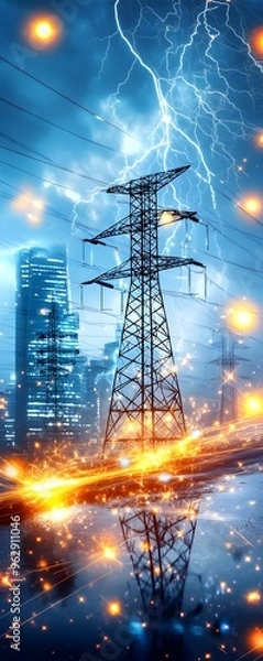 Fototapeta Power Lines with Lightning and Sparks.