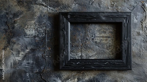 Fototapeta An empty, rustic wooden frame hanging on a textured wall with a weathered and abstract background, evoking a sense of aged elegance and artistic mystery.