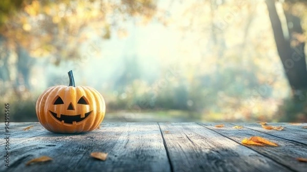 Fototapeta Wooden surface with Halloween pumpkin on blurred rustic countryside seasonal autumn background. Banner with copy space. Template showcase scene for display, montage, advertising product.