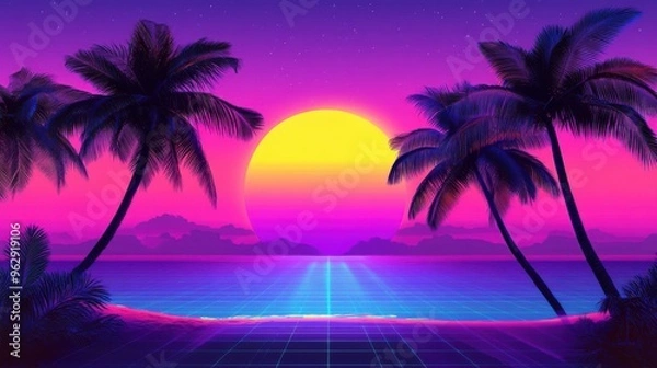 Fototapeta Vibrant retro sunset over a tropical beach with palm trees and grid lines, Ai Generation