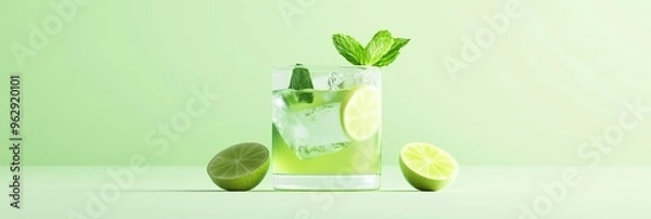 Fototapeta A 3D single icon of a cool mint mojito in a glass with ice cubes, mint leaves, and lime slices, depicted in a fresh and minimal design