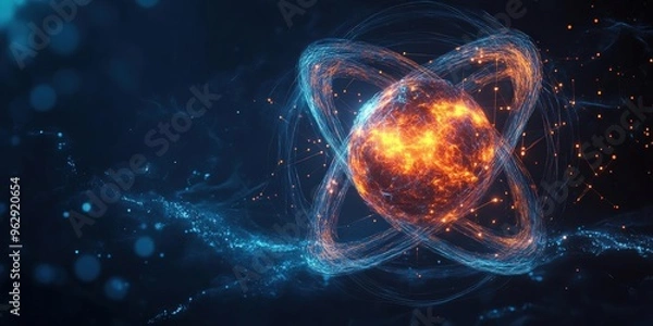Fototapeta A stunning illustration of an atom with glowing particles and energy waves, representing scientific exploration and innovation.