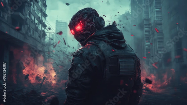 Fototapeta An infected man in a black jacket with red eyes stands in front of a building with a lot o