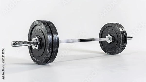 Fototapeta A detailed barbell with weight plates on a white background.