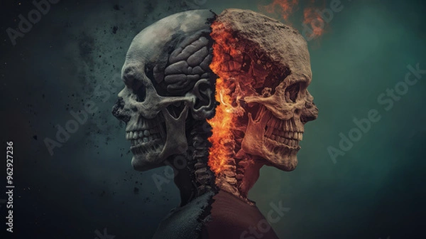 Fototapeta Two skulls with fire in between them